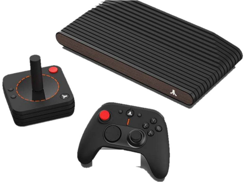 Atari VCS console in black walnut with its classic joystick and modern controller