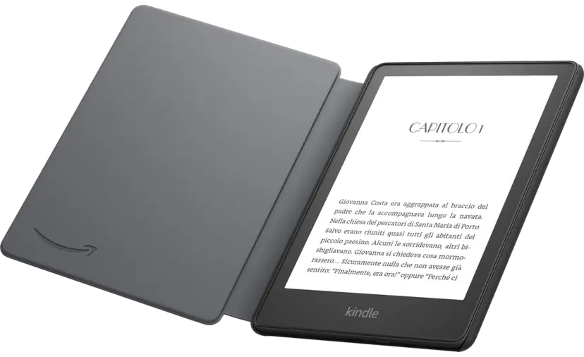 Kindle Paperwhite e-reader open in its folio cover, displaying a book page