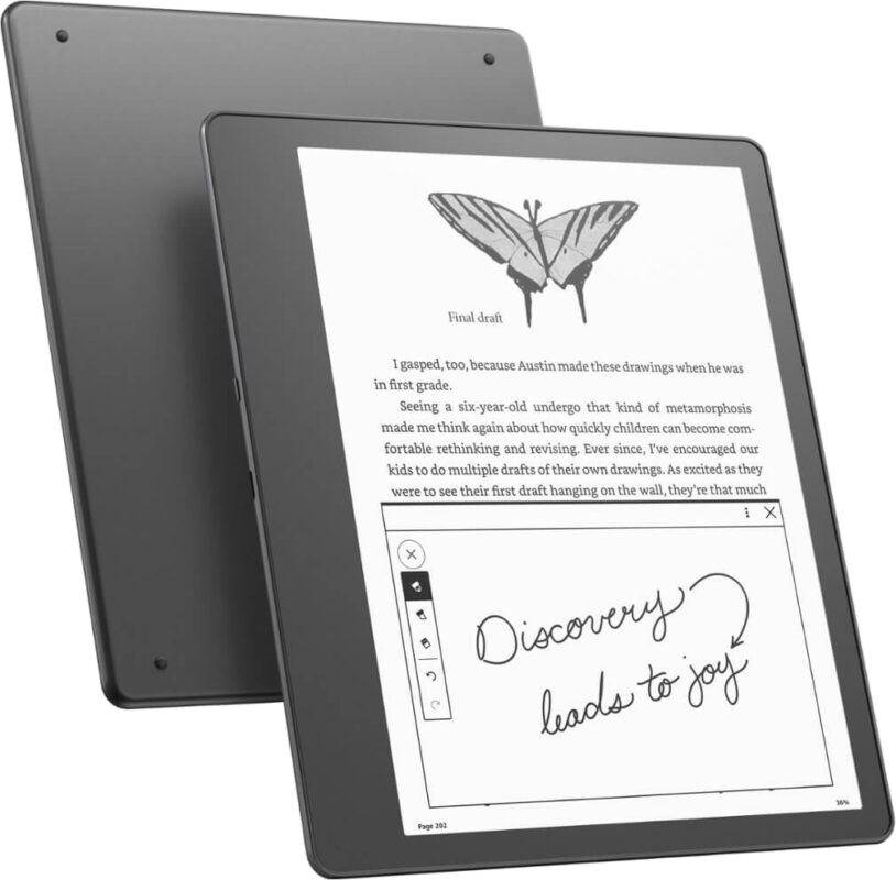 Kindle Scribe e-reader showing its reading and note-taking screen, front and back