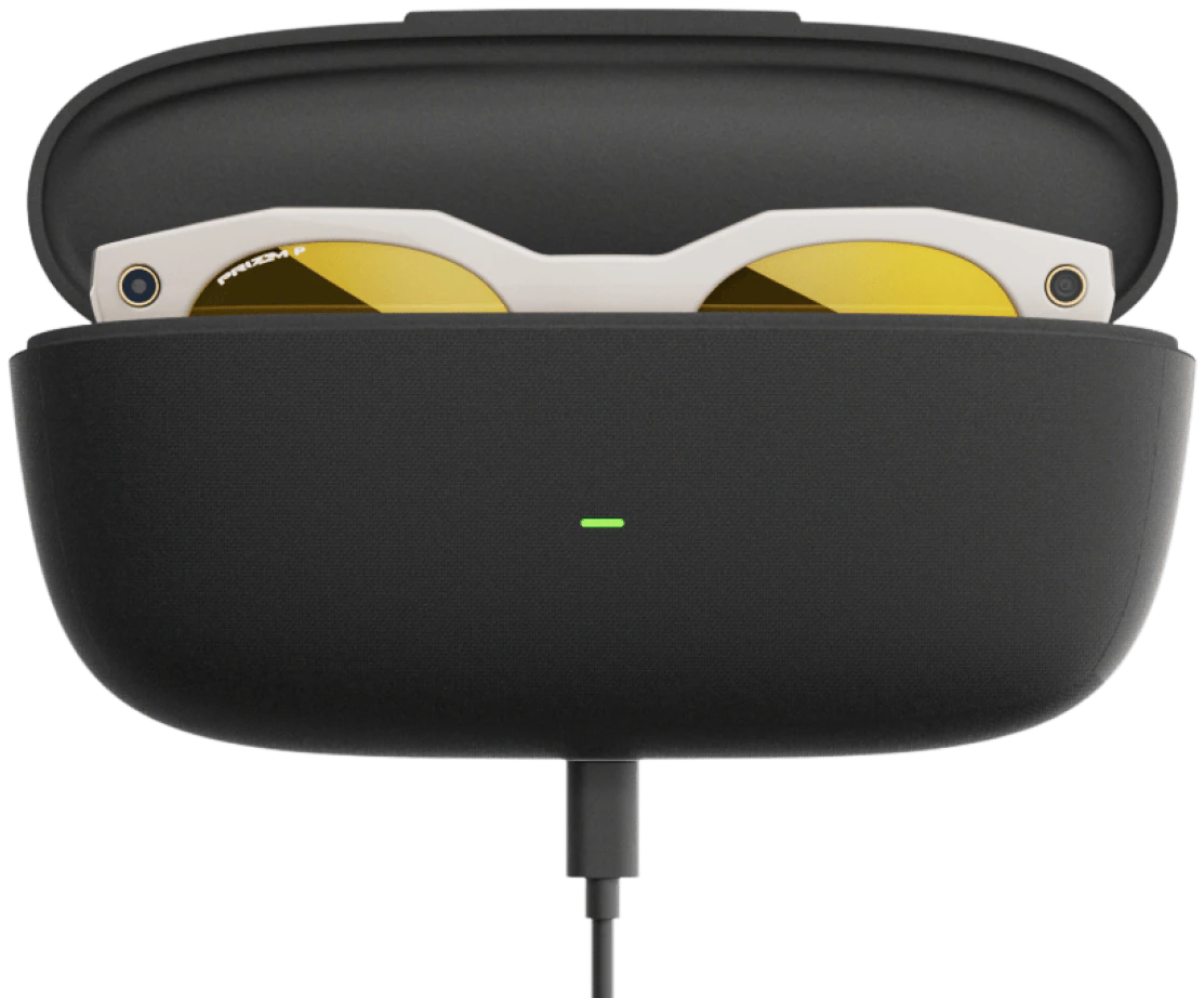 Oakley Meta HSTN smart glasses resting in their open charging case