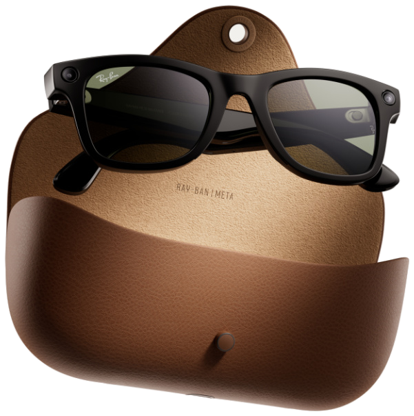 Ray-Ban Meta smart glasses with their brown leather charging case